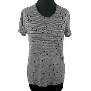 IRO Black White Striped Distressed Short Sleeve Round Neck Gabry Linen Top Sz S